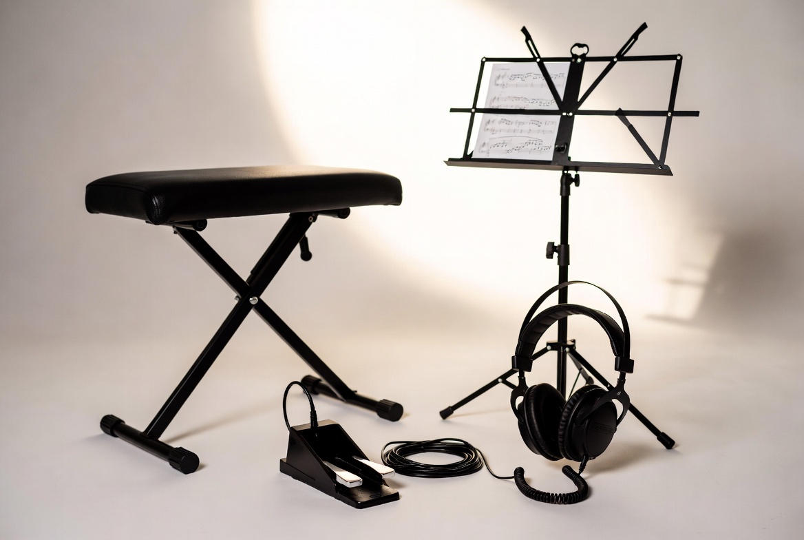 Digital piano accessories — sustain pedal, stand, bench, and headphones